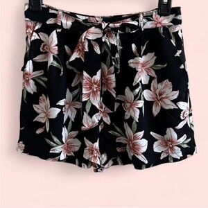 Tropical floral shorts with fabric tie belt
